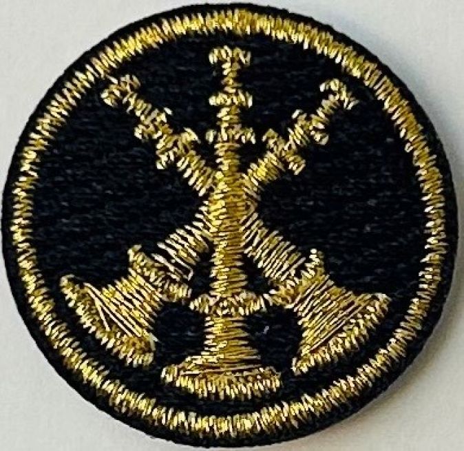 FIRE FIGHTER 3 BUGLES CROSSED, 1" CIRCLE - METALLIC GOLD ON MIDNIGHT NAVY - SEW ON.